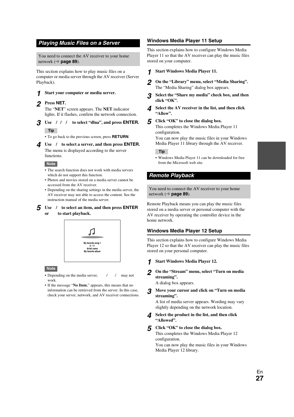 Playing music files on a server, Remote playback, Playing music files on a server remote playback | Onkyo TX-NR709 User Manual | Page 27 / 96