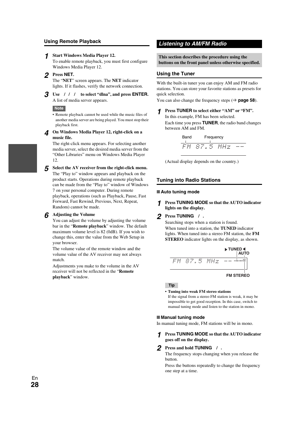 Listening to am/fm radio, 28 to | Onkyo TX-NR709 User Manual | Page 28 / 96