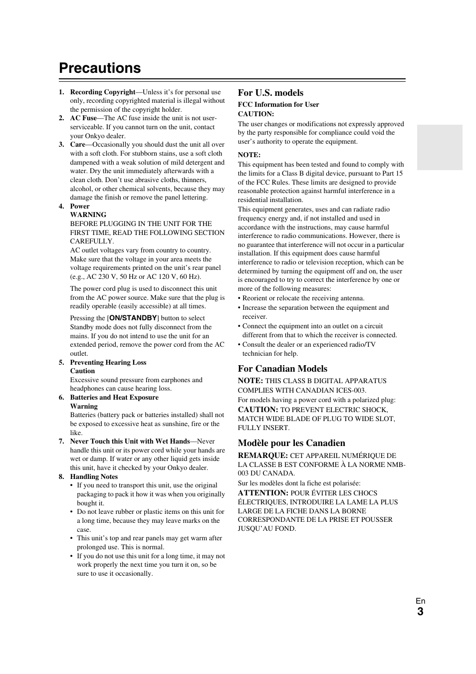 Precautions, For u.s. models, For canadian models | Modèle pour les canadien | Onkyo TX-NR709 User Manual | Page 3 / 96