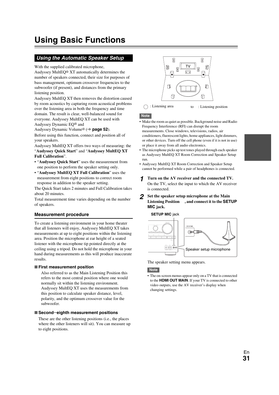 Using basic functions, Using the automatic speaker setup | Onkyo TX-NR709 User Manual | Page 31 / 96