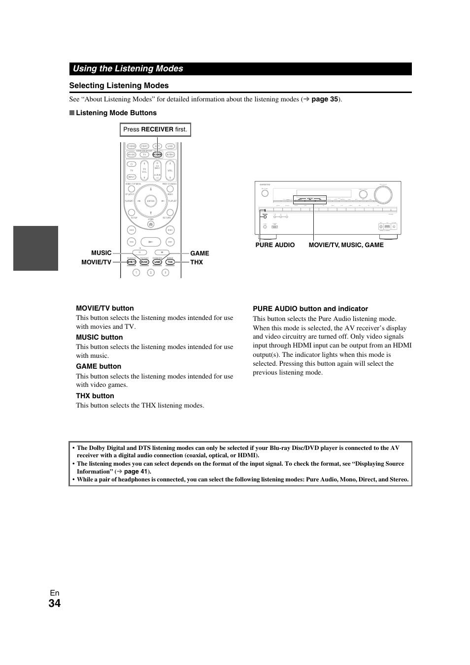 Using the listening modes, Buttons (34, R (34 | Onkyo TX-NR709 User Manual | Page 34 / 96