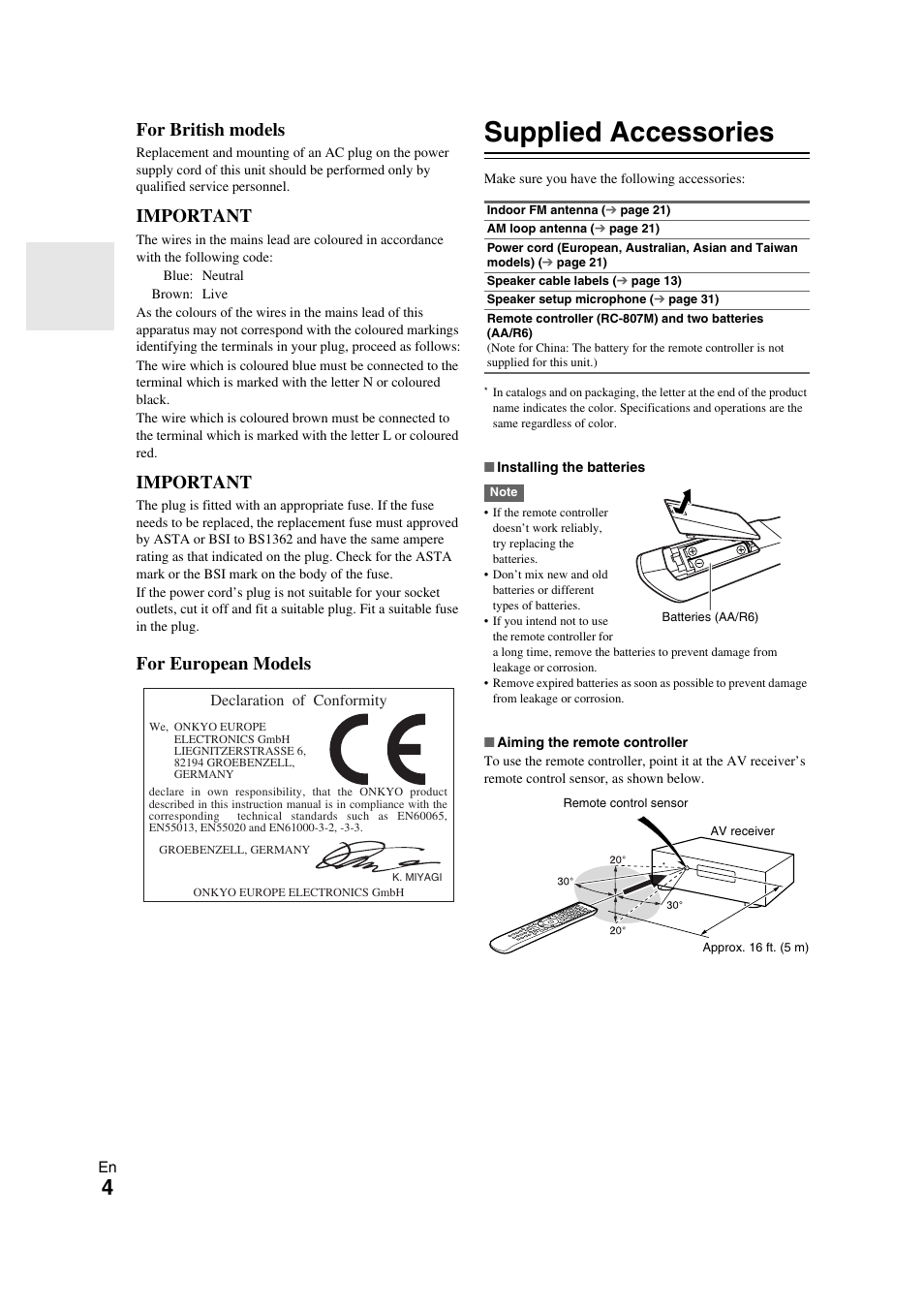Supplied accessories, For british models, Important | For european models | Onkyo TX-NR709 User Manual | Page 4 / 96