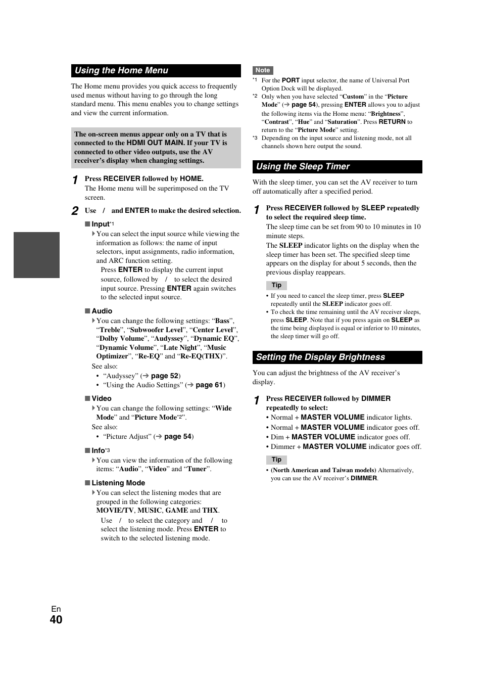 Using the home menu, Using the sleep timer, Setting the display brightness | Onkyo TX-NR709 User Manual | Page 40 / 96