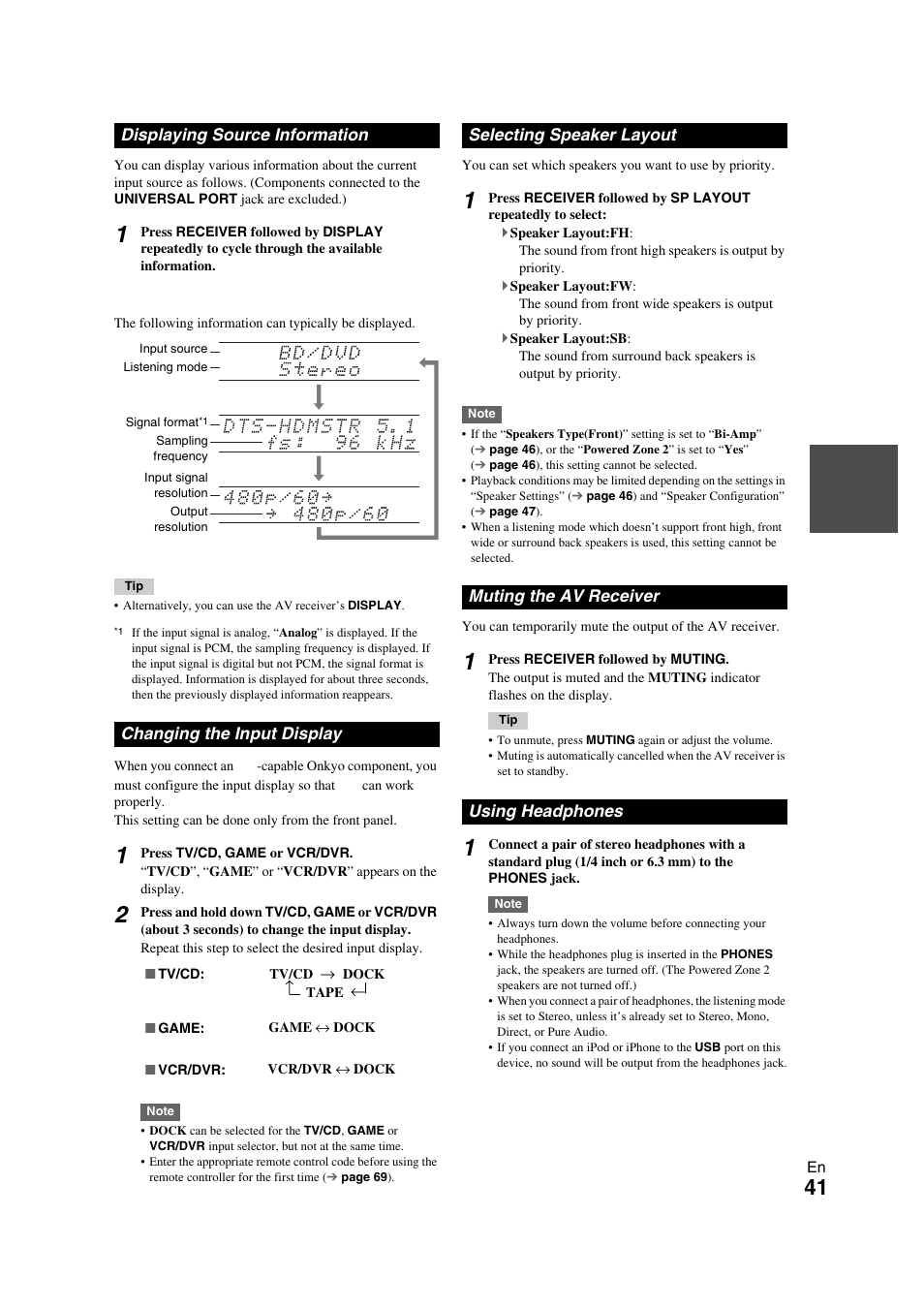 Displaying source information, Changing the input display, Selecting speaker layout | Muting the av receiver, Using headphones, On (41, Button (41, Display | Onkyo TX-NR709 User Manual | Page 41 / 96