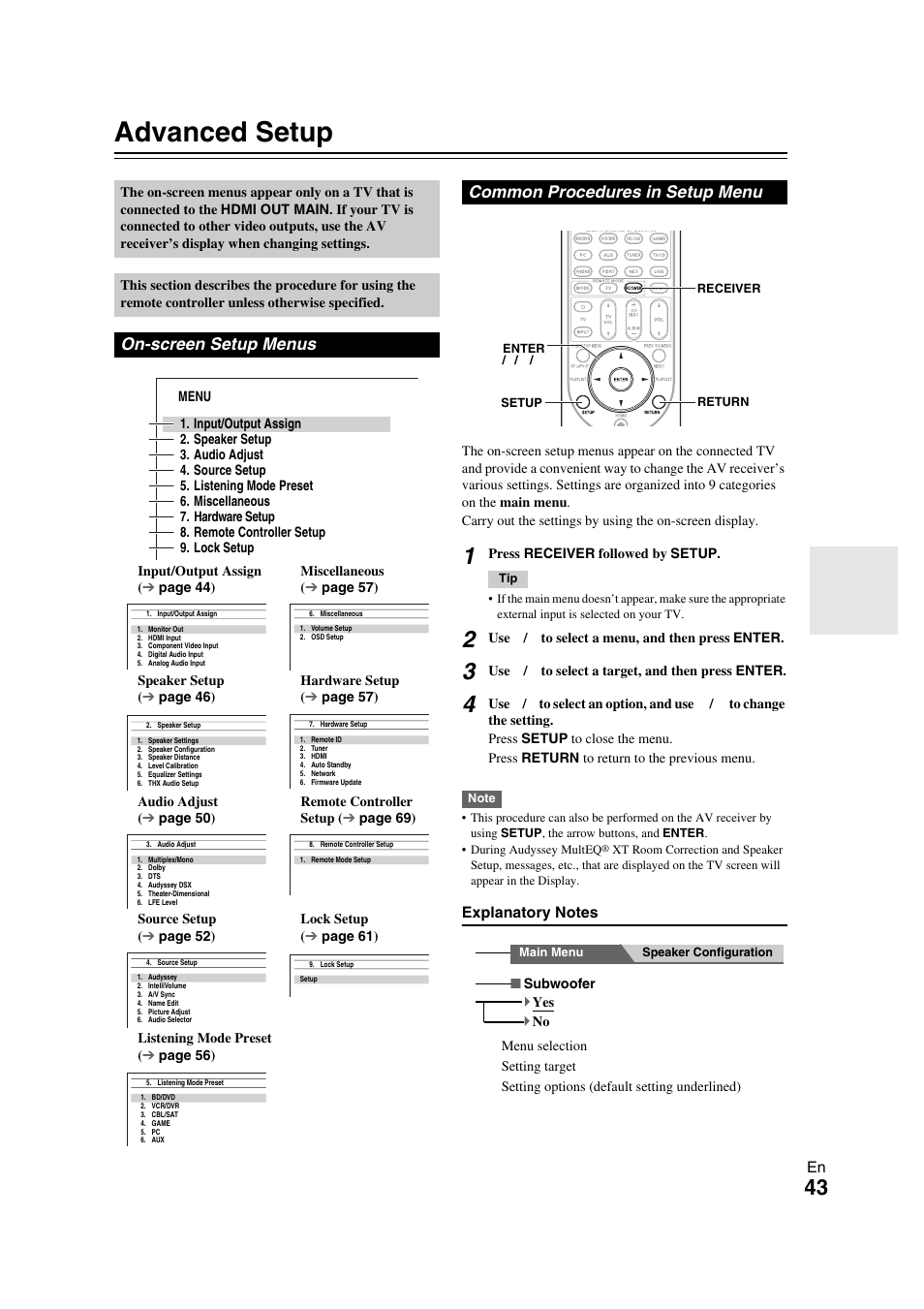 Advanced operations, Advanced setup, On-screen setup menus | Common procedures in setup menu, See “advanced setup | Onkyo TX-NR709 User Manual | Page 43 / 96