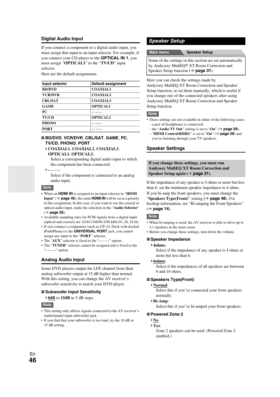 Speaker setup, E “subwoofer input sensitivity, Speaker settings | Onkyo TX-NR709 User Manual | Page 46 / 96