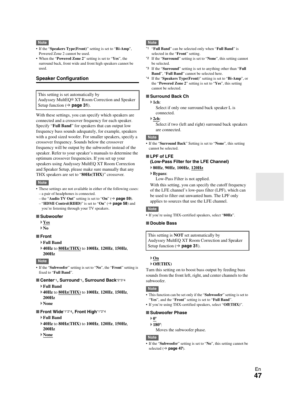 Speaker configuration” for, Speaker configuration, Setting | Onkyo TX-NR709 User Manual | Page 47 / 96