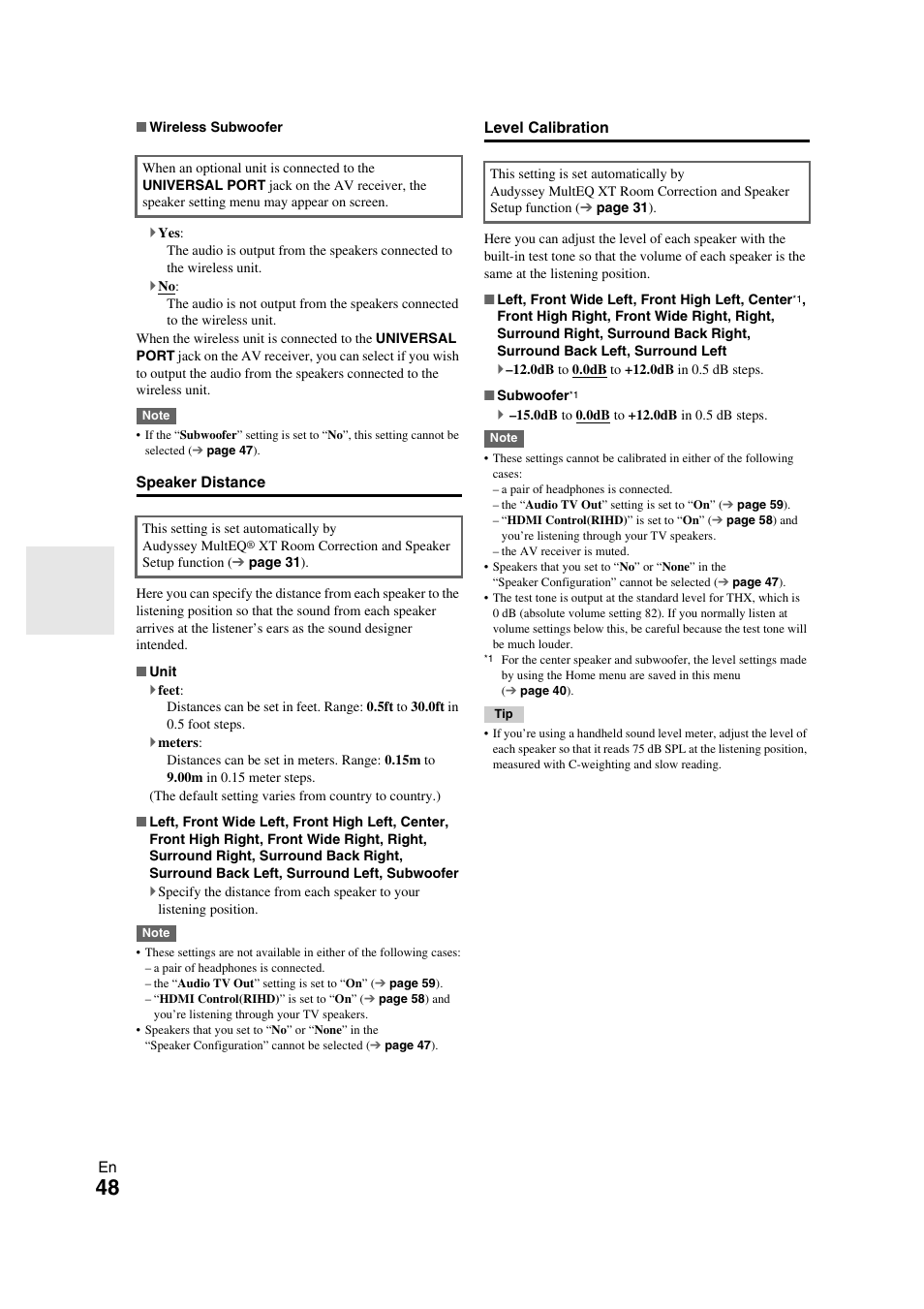 Speaker distance, Level calibration | Onkyo TX-NR709 User Manual | Page 48 / 96