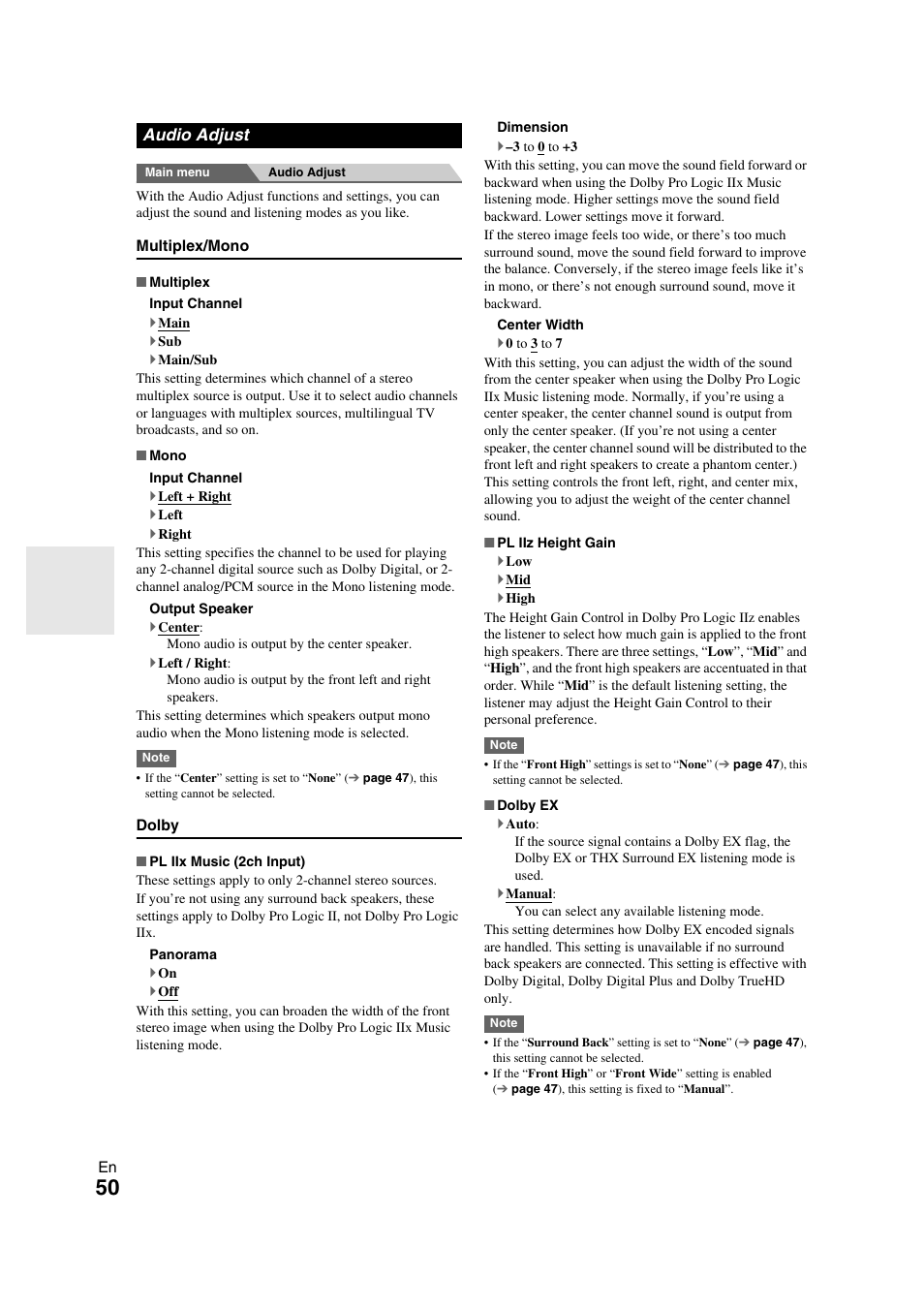 Audio adjust | Onkyo TX-NR709 User Manual | Page 50 / 96