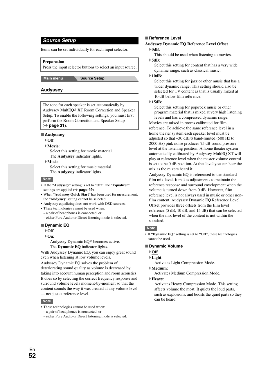 Source setup, Audyssey, Dynamic volume | Onkyo TX-NR709 User Manual | Page 52 / 96