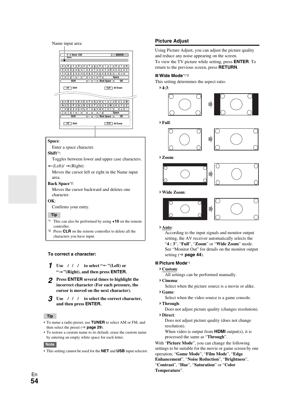 Picture adjust | Onkyo TX-NR709 User Manual | Page 54 / 96