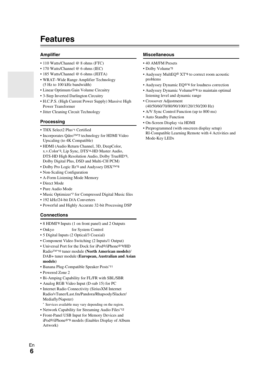 Features | Onkyo TX-NR709 User Manual | Page 6 / 96