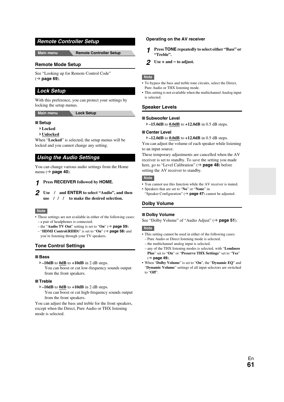 Remote controller setup, Lock setup, Using the audio settings | Onkyo TX-NR709 User Manual | Page 61 / 96