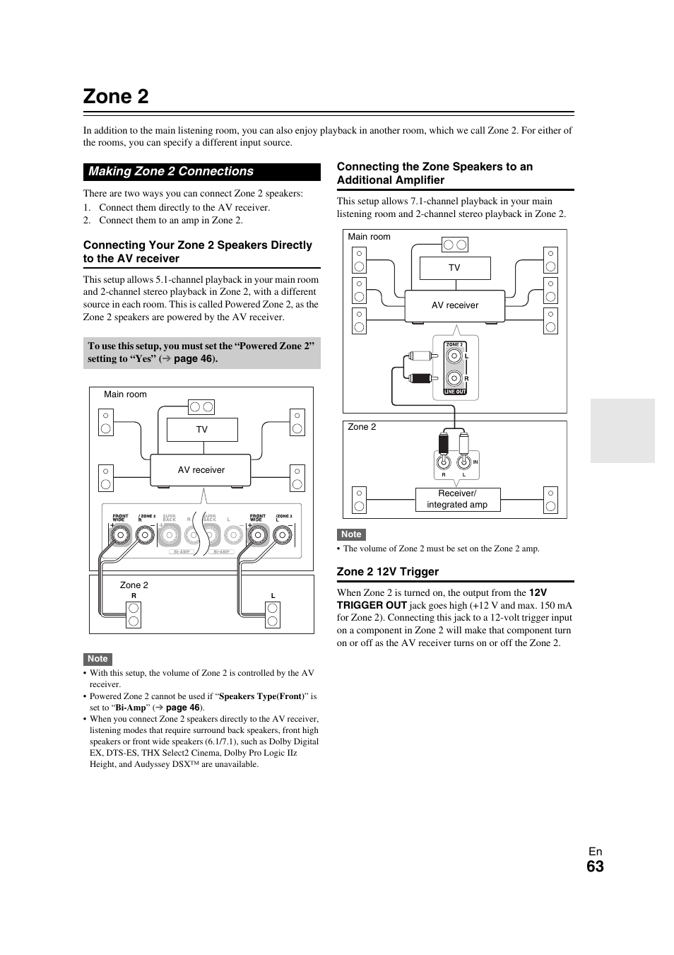 Zone 2, Making zone 2 connections | Onkyo TX-NR709 User Manual | Page 63 / 96