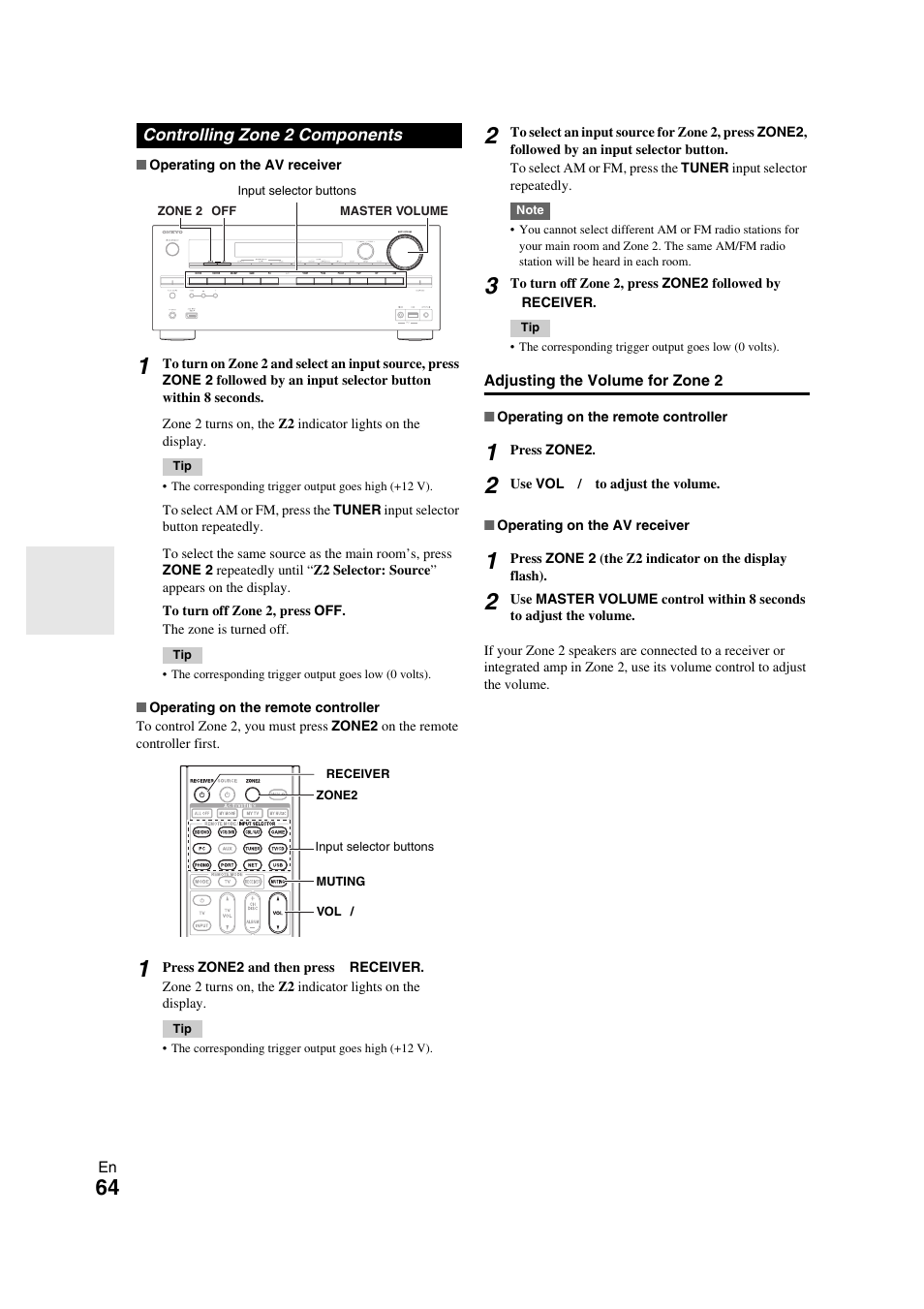 Controlling zone 2 components, Ns (64 | Onkyo TX-NR709 User Manual | Page 64 / 96