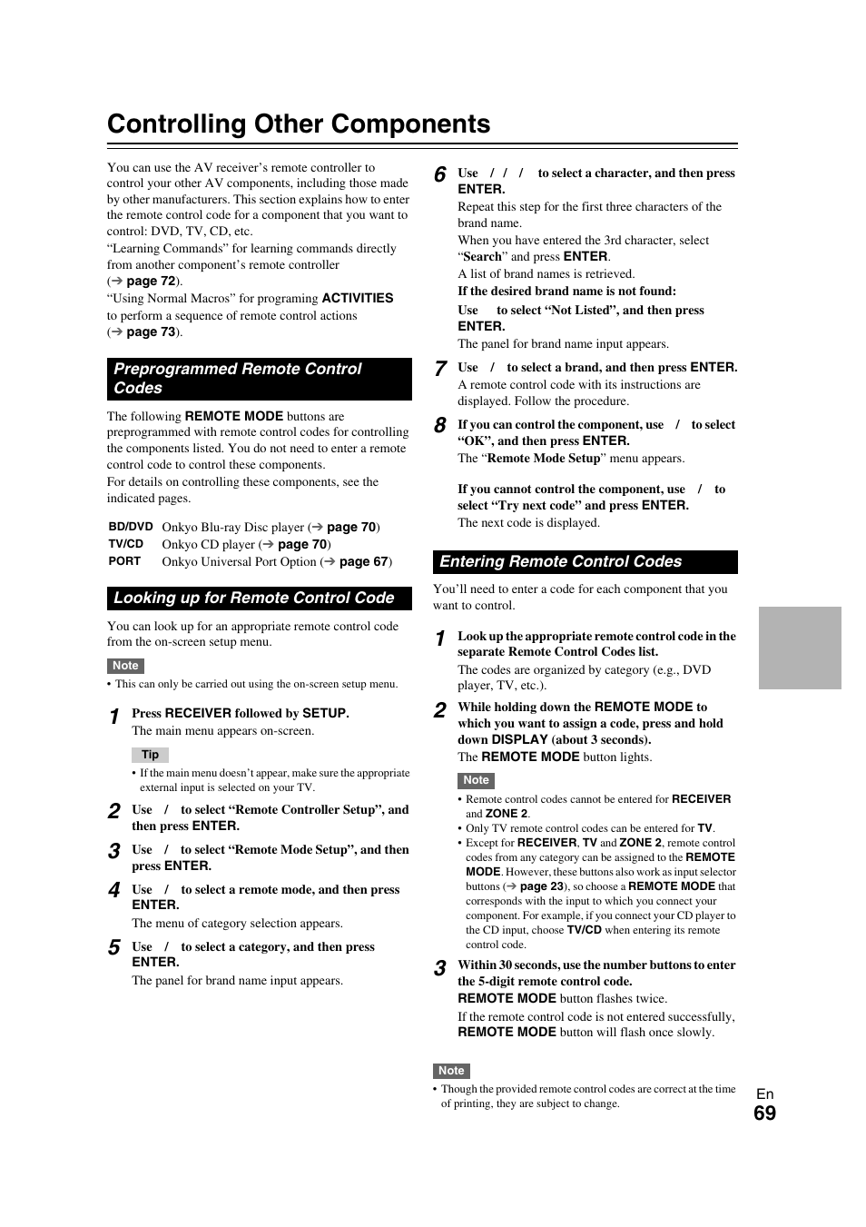 Controlling other components, Preprogrammed remote control codes, Looking up for remote control code | Entering remote control codes, E “entering remote control codes, See “controlling other components” about, See “looking up for remote control code, See “entering remote control codes | Onkyo TX-NR709 User Manual | Page 69 / 96