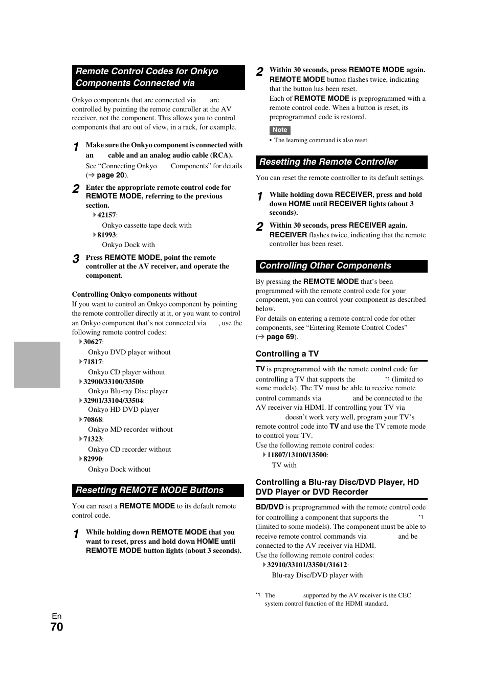 Resetting remote mode buttons, Resetting the remote controller, Controlling other components | Remote control codes for onkyo components, Connected via, O blu-ray disc player | Onkyo TX-NR709 User Manual | Page 70 / 96