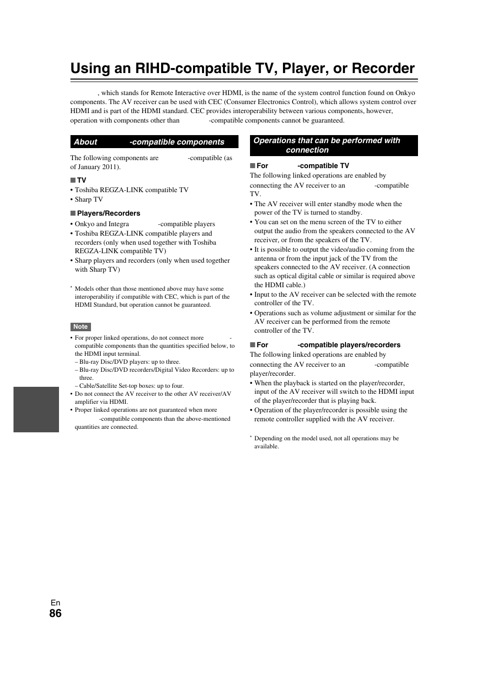 Using an rihd-compatible tv, player, or recorder | Onkyo TX-NR709 User Manual | Page 86 / 96