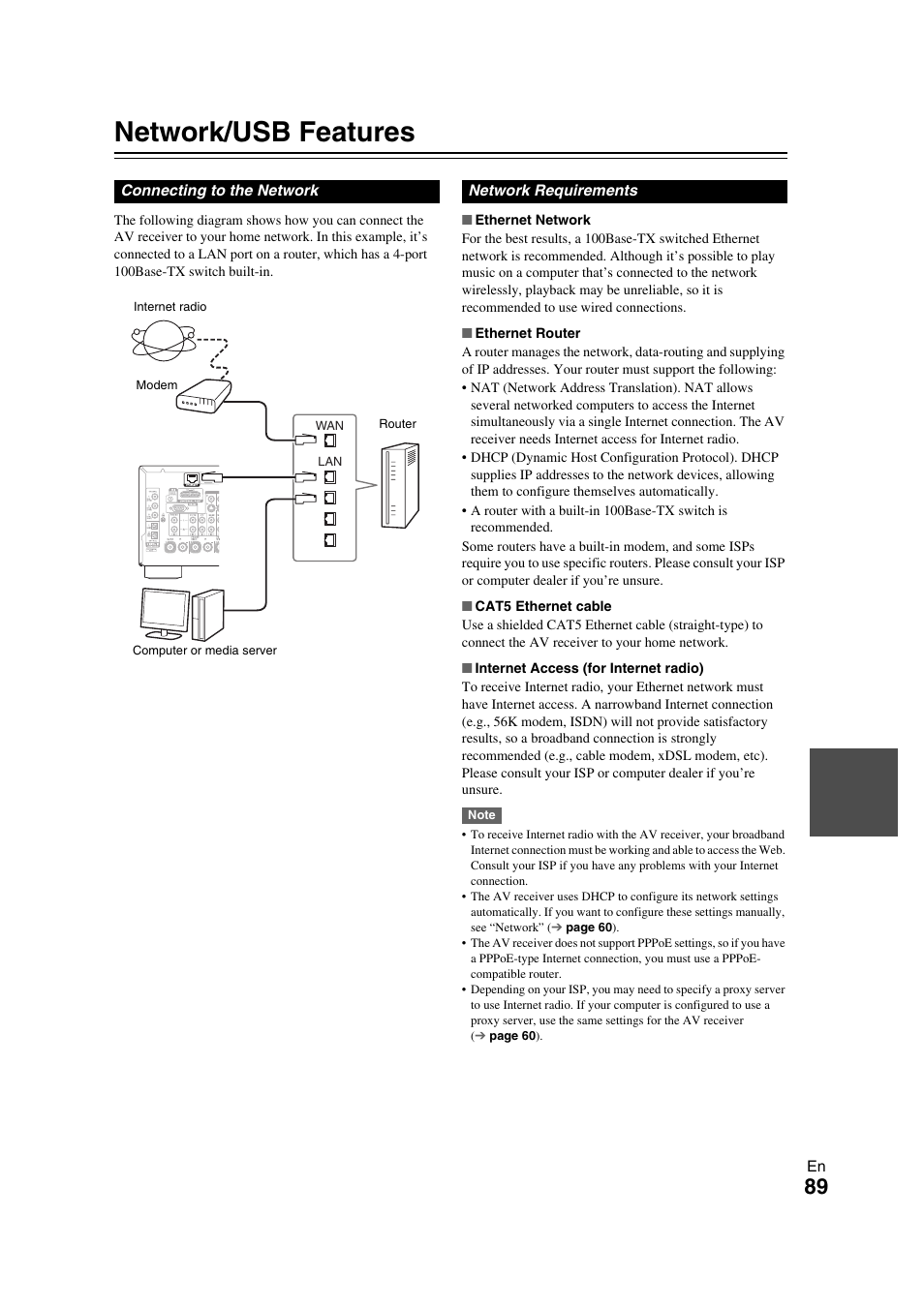 Network/usb features, Network | Onkyo TX-NR709 User Manual | Page 89 / 96