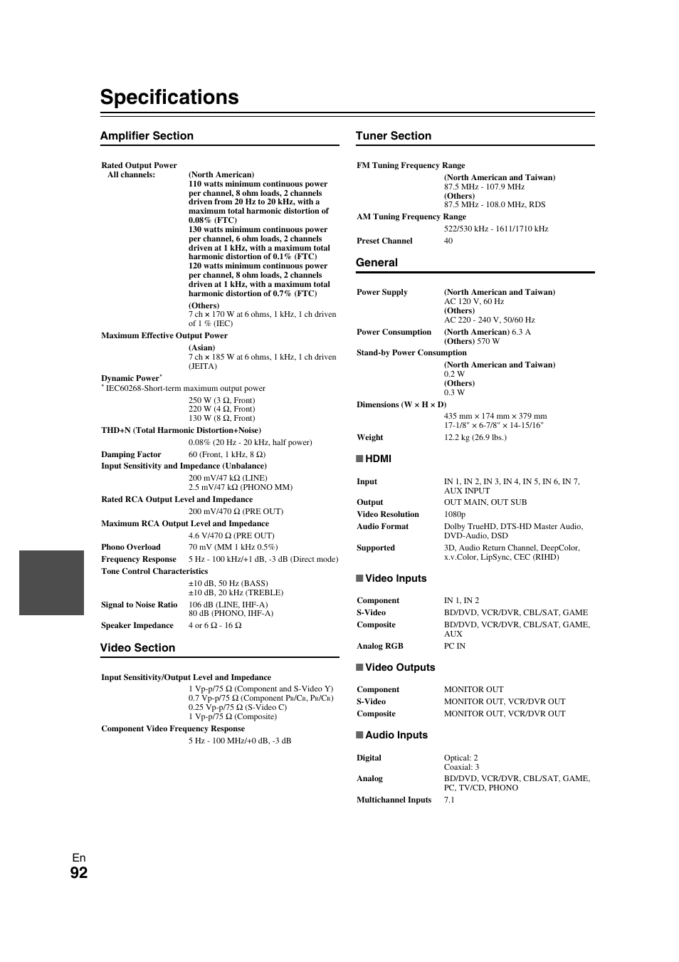 Specifications | Onkyo TX-NR709 User Manual | Page 92 / 96