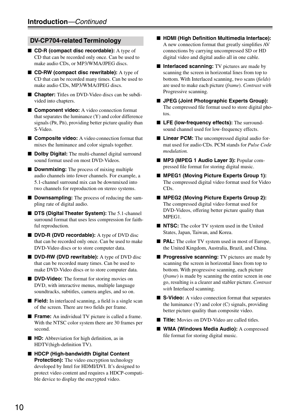 Introduction —continued, Dv-cp704-related terminology | Onkyo DV CP704 User Manual | Page 10 / 52
