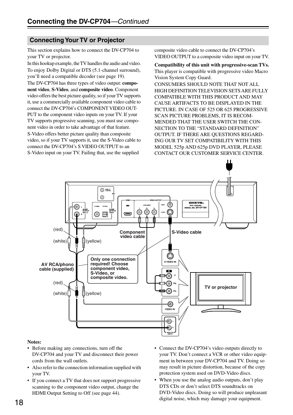 Connecting the dv-cp704 —continued, Connecting your tv or projector | Onkyo DV CP704 User Manual | Page 18 / 52