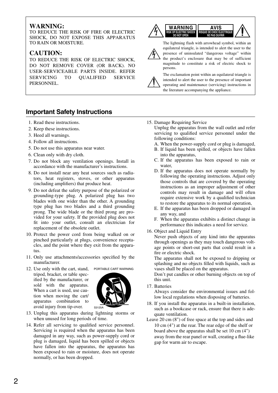 Important safety instructions, Warning, Caution | Onkyo DV CP704 User Manual | Page 2 / 52