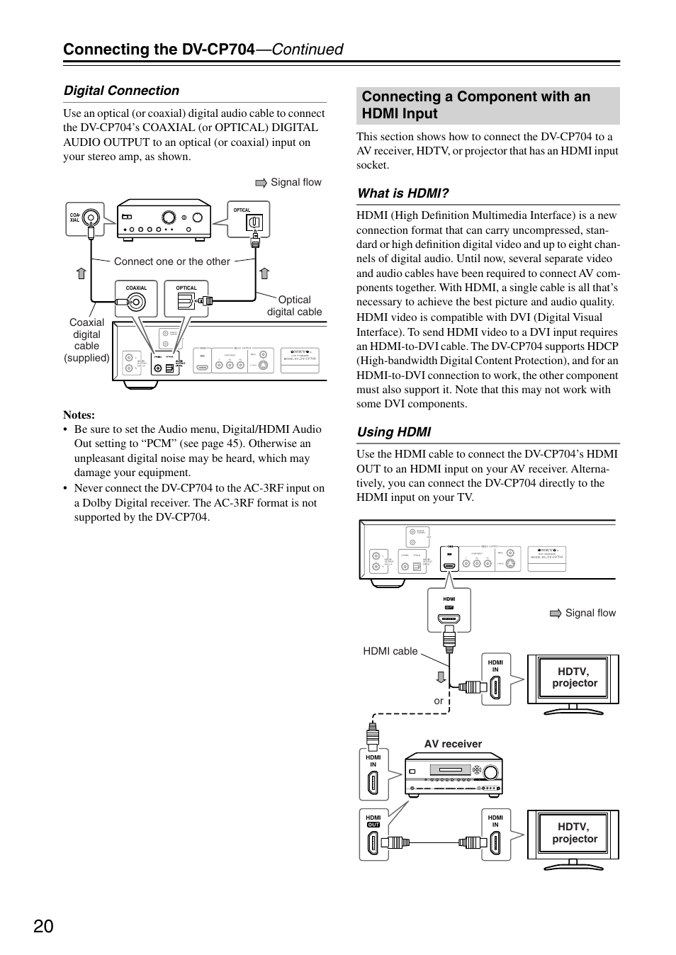 Connecting the dv-cp704 —continued, Connecting a component with an hdmi input, Digital connection | What is hdmi, Using hdmi | Onkyo DV CP704 User Manual | Page 20 / 52