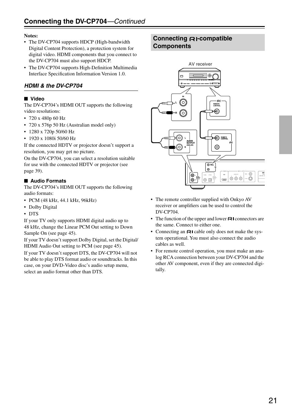 Connecting the dv-cp704 —continued, Connecting -compatible components | Onkyo DV CP704 User Manual | Page 21 / 52