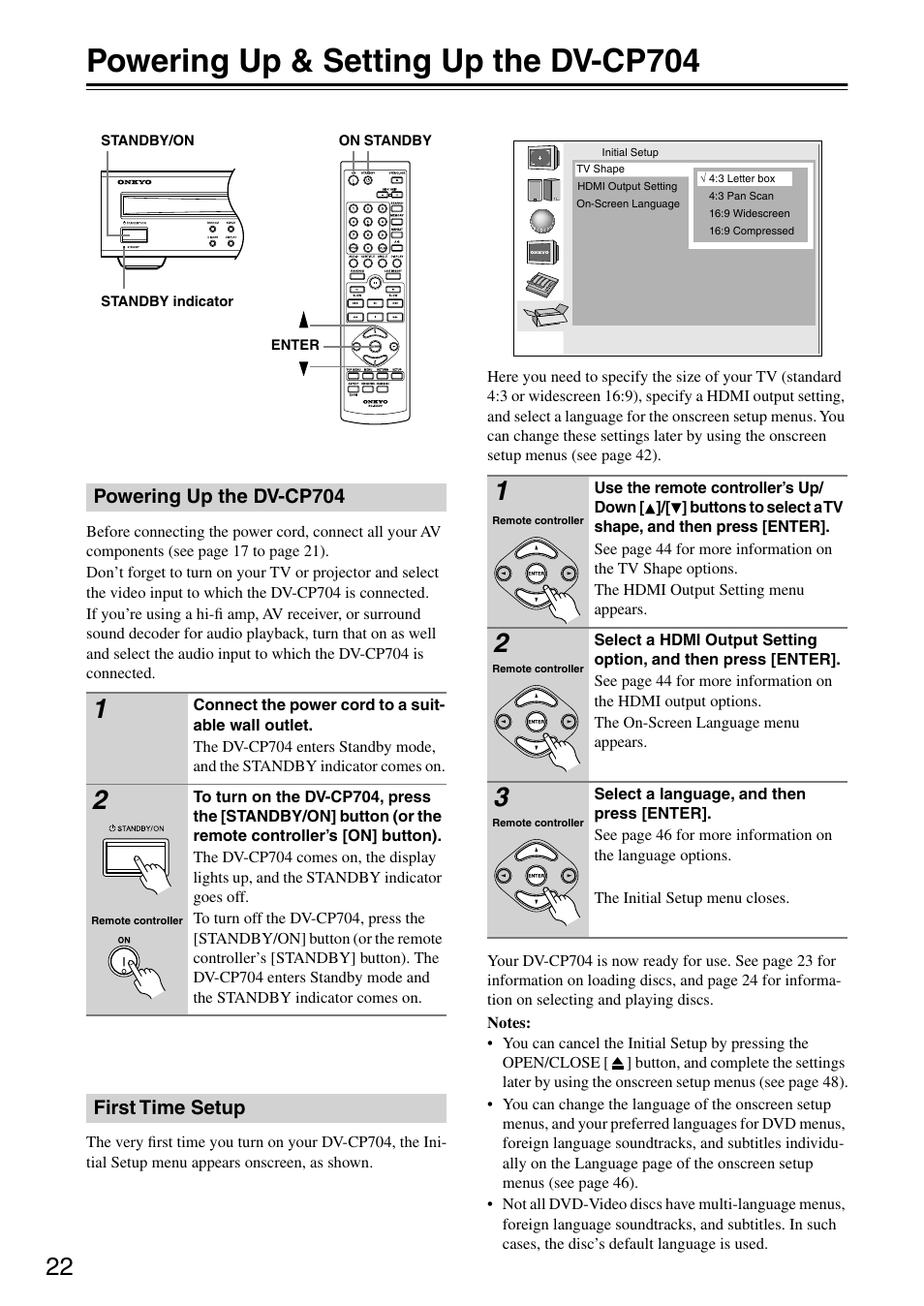 Powering up & setting up the dv-cp704, Powering up the dv-cp704, First time setup | Onkyo DV CP704 User Manual | Page 22 / 52