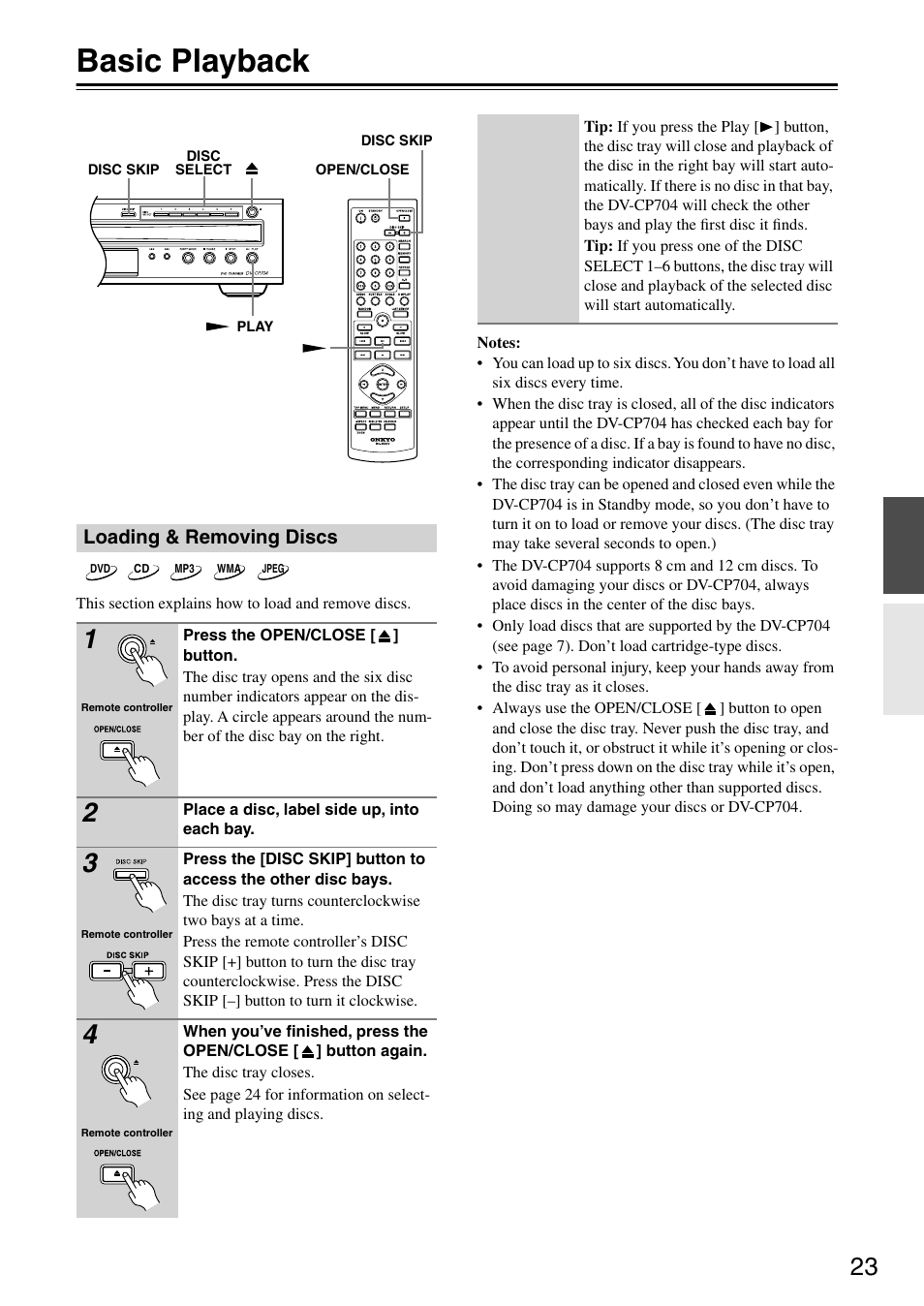 Basic playback | Onkyo DV CP704 User Manual | Page 23 / 52