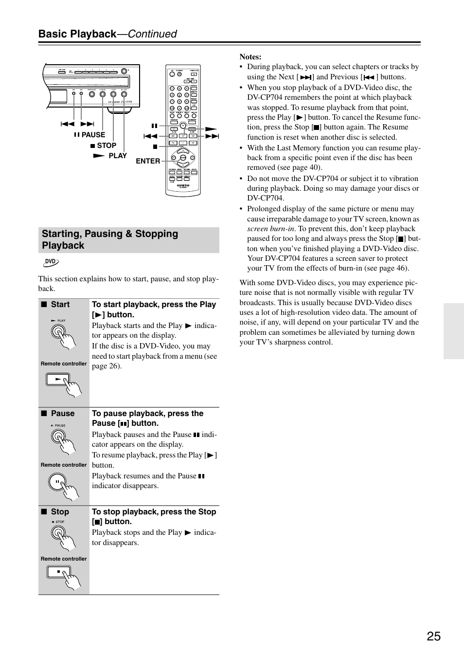Basic playback —continued, Starting, pausing & stopping playback | Onkyo DV CP704 User Manual | Page 25 / 52