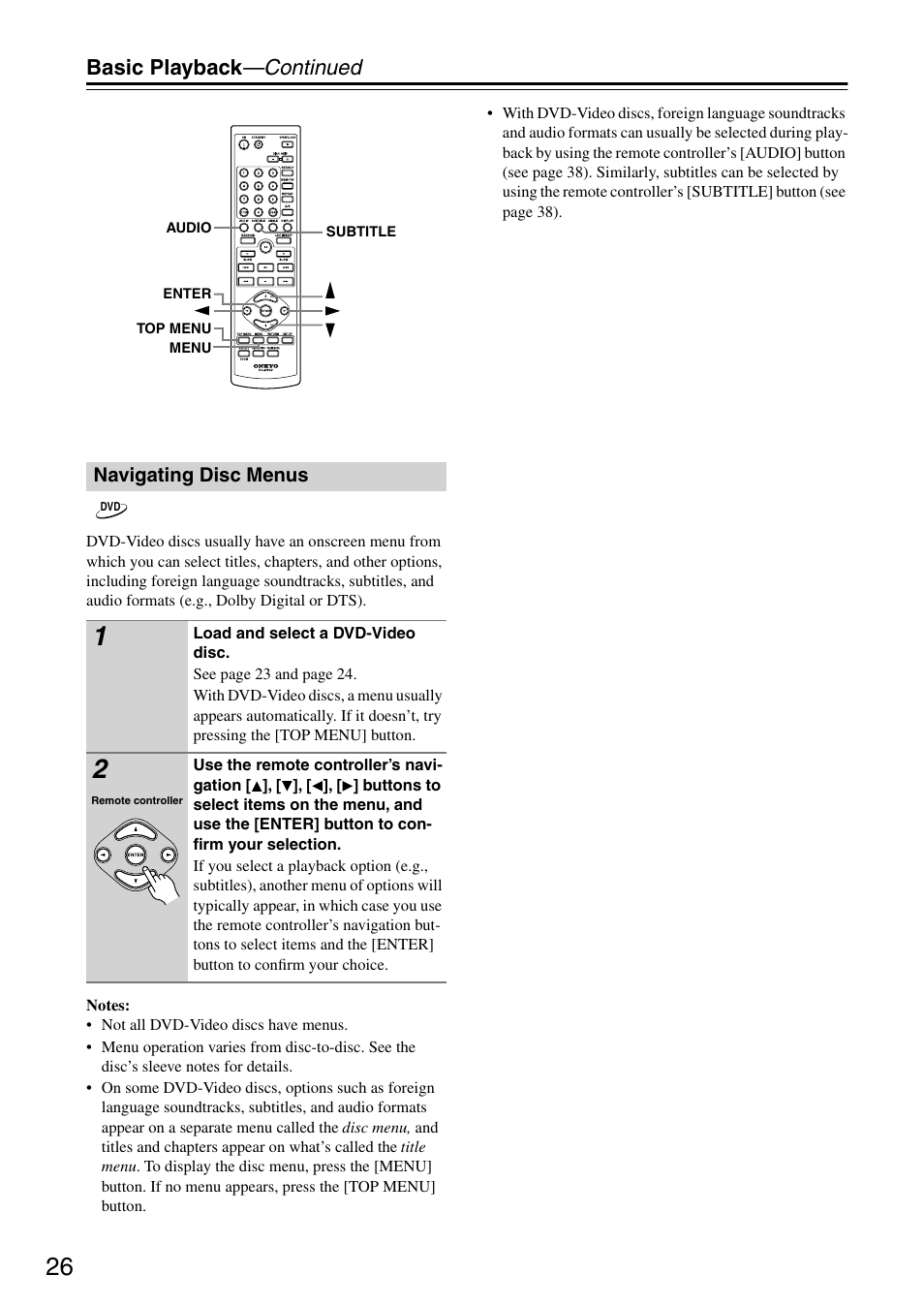 Basic playback —continued | Onkyo DV CP704 User Manual | Page 26 / 52