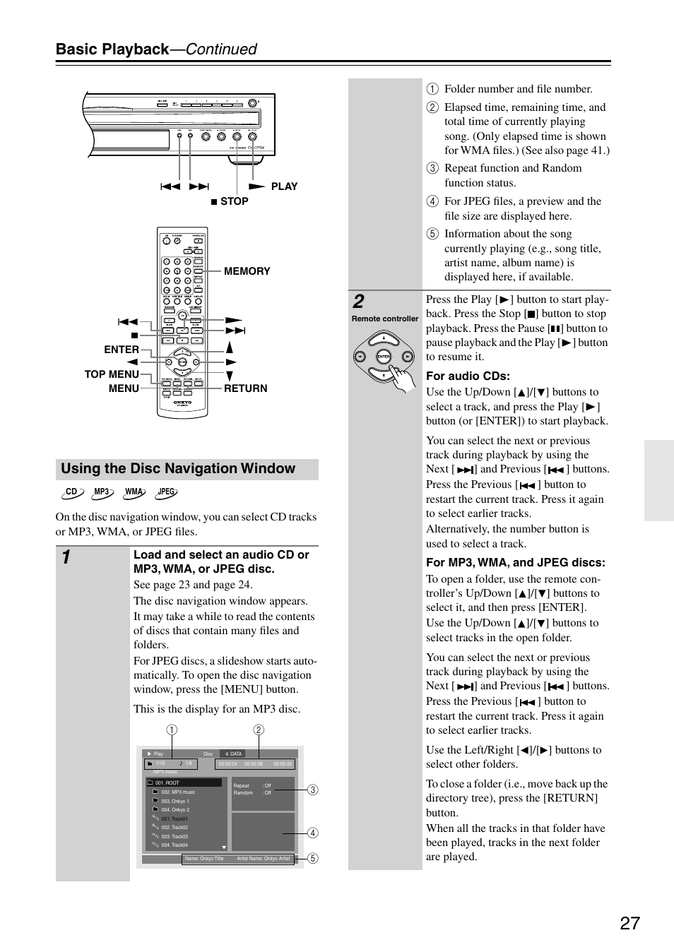 Basic playback —continued, Using the disc navigation window | Onkyo DV CP704 User Manual | Page 27 / 52