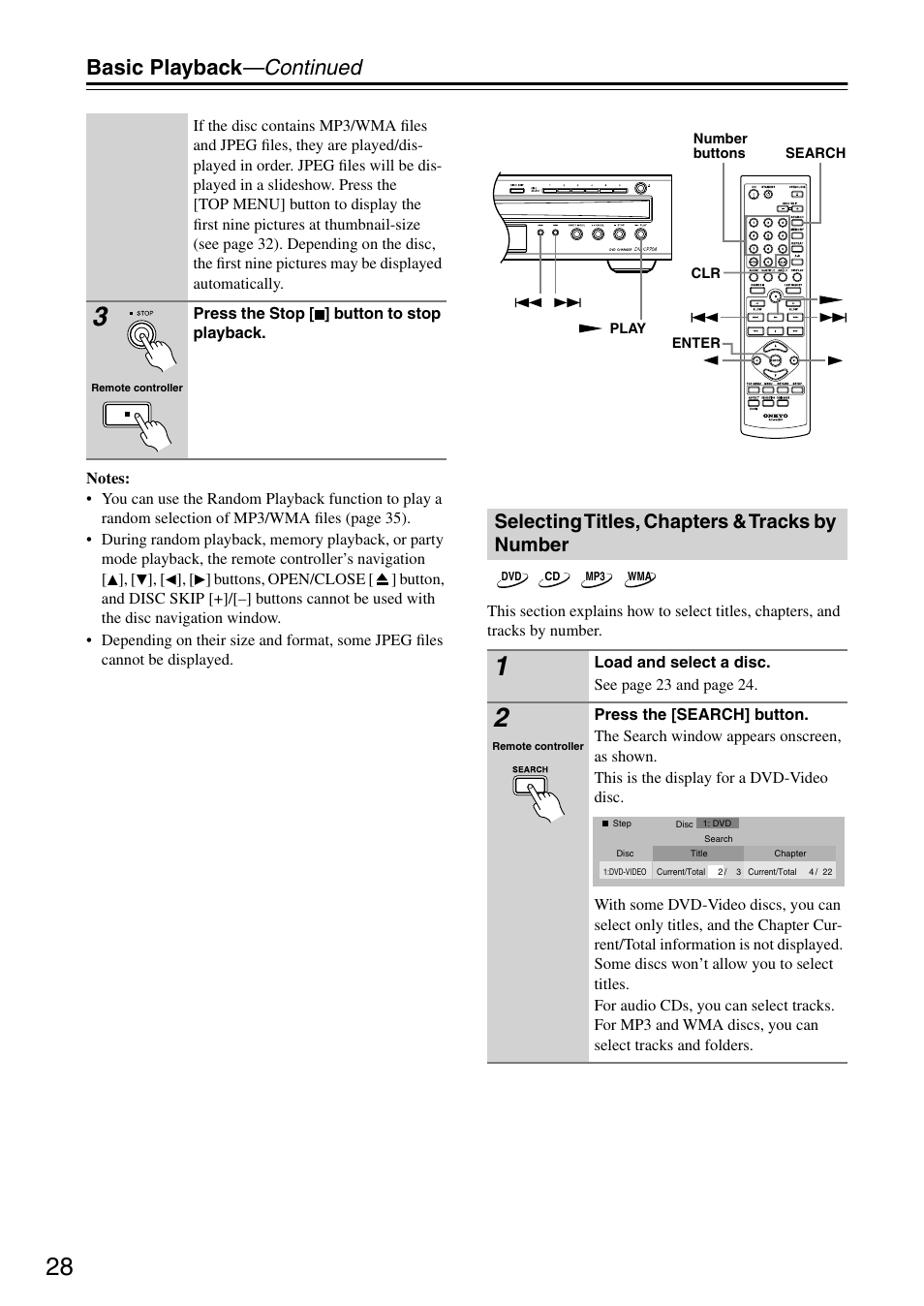 Basic playback —continued, Selecting titles, chapters & tracks by number | Onkyo DV CP704 User Manual | Page 28 / 52