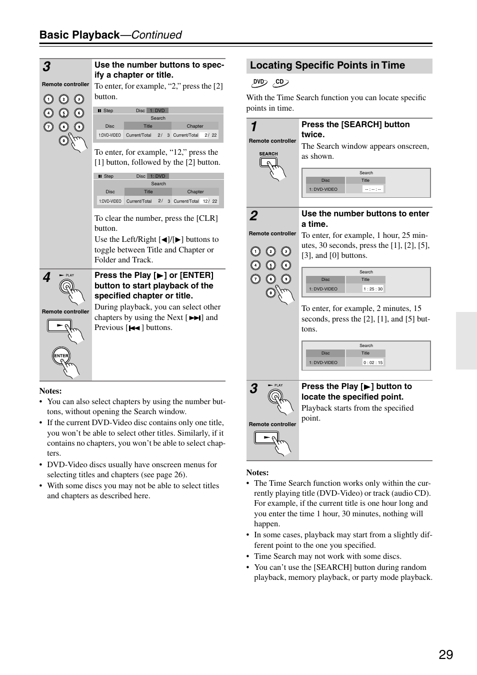 Basic playback —continued, Locating specific points in time | Onkyo DV CP704 User Manual | Page 29 / 52