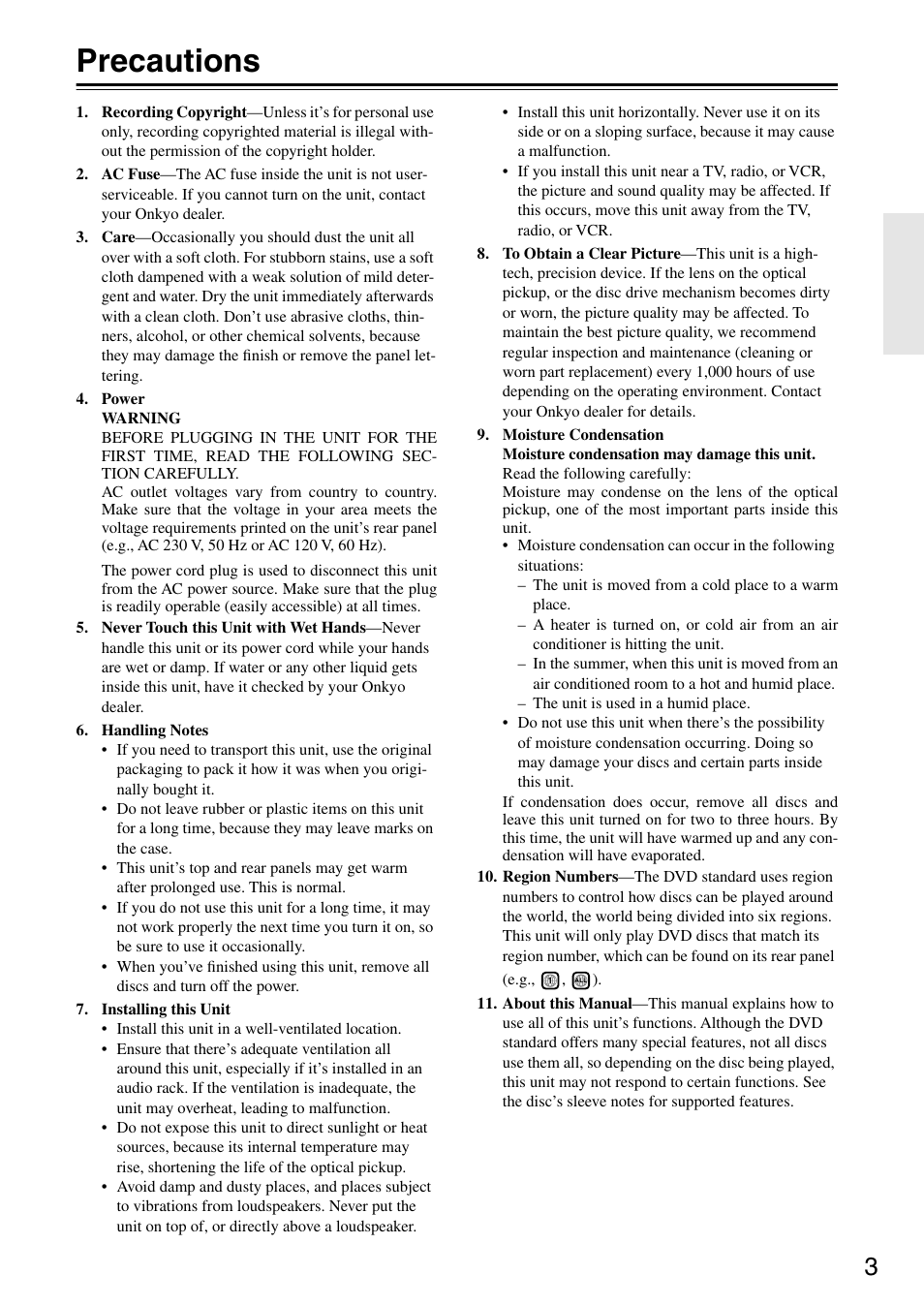 Precautions | Onkyo DV CP704 User Manual | Page 3 / 52