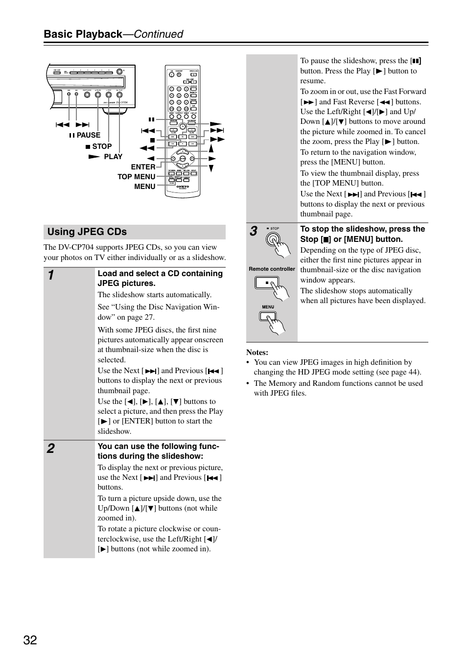 Basic playback —continued | Onkyo DV CP704 User Manual | Page 32 / 52