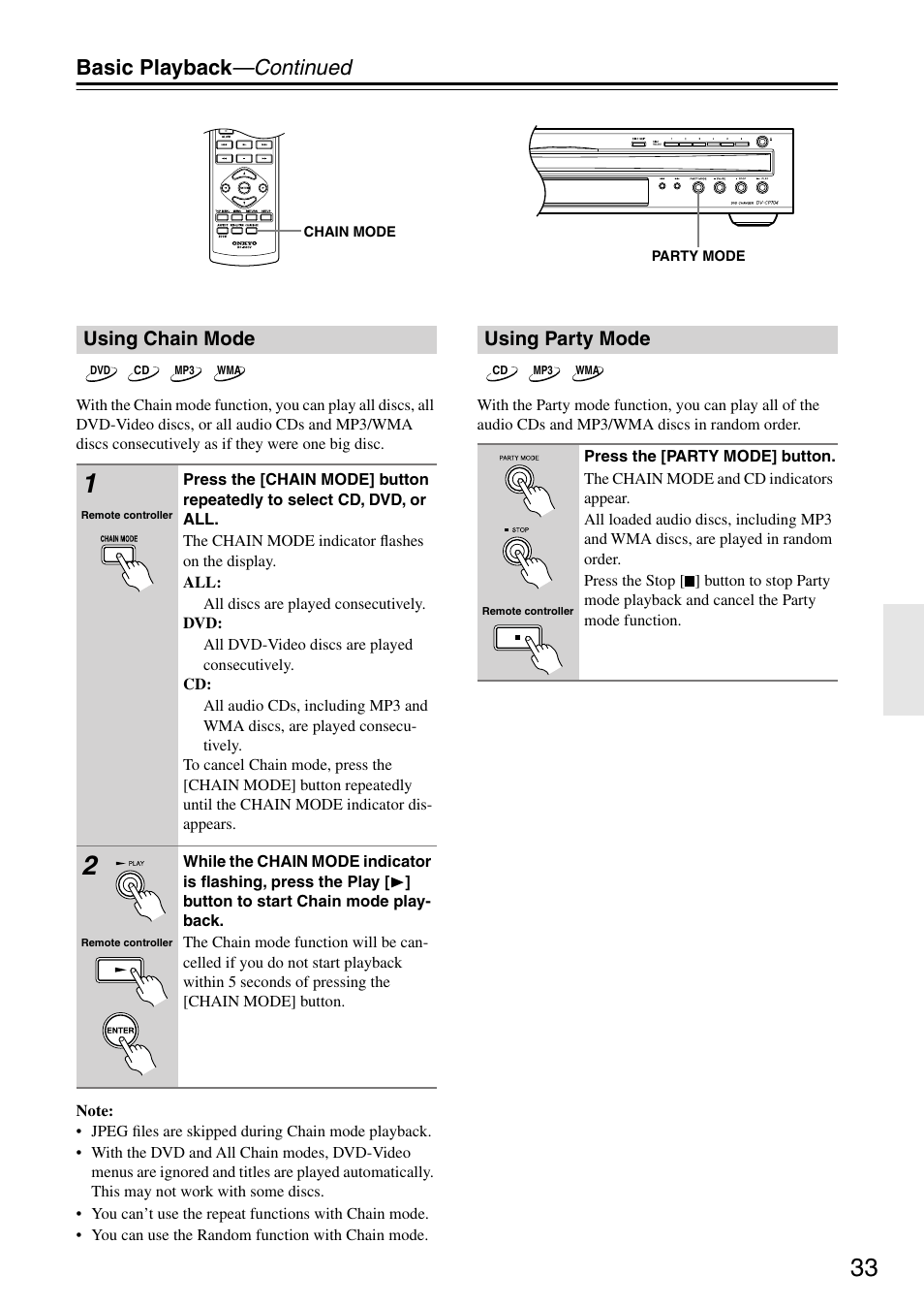 Basic playback —continued, Using chain mode, Using party mode | Onkyo DV CP704 User Manual | Page 33 / 52