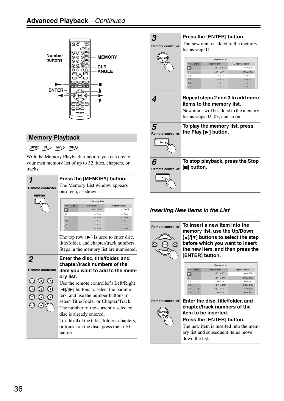 Advanced playback —continued, Inserting new items in the list | Onkyo DV CP704 User Manual | Page 36 / 52