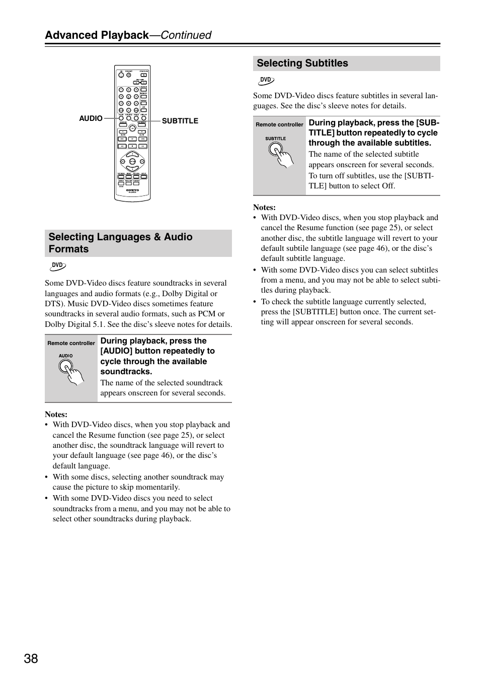 Advanced playback —continued, Selecting languages & audio formats, Selecting subtitles | Onkyo DV CP704 User Manual | Page 38 / 52