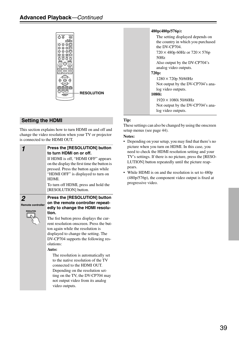 Advanced playback —continued | Onkyo DV CP704 User Manual | Page 39 / 52