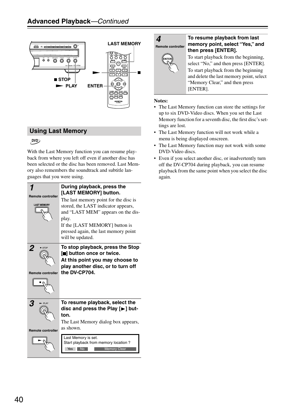 Advanced playback —continued | Onkyo DV CP704 User Manual | Page 40 / 52