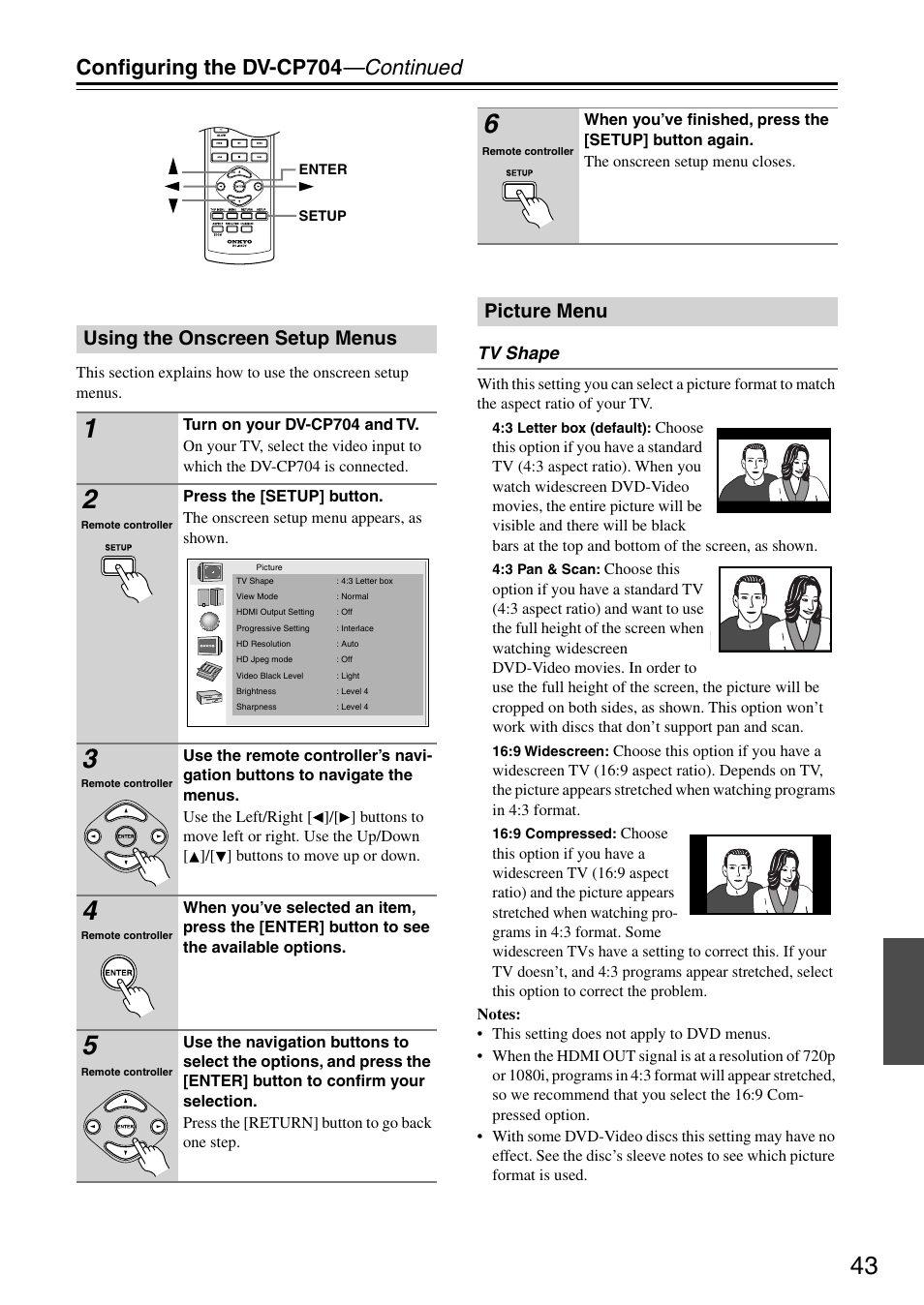 Configuring the dv-cp704 —continued, Using the onscreen setup menus, Picture menu | Tv shape | Onkyo DV CP704 User Manual | Page 43 / 52