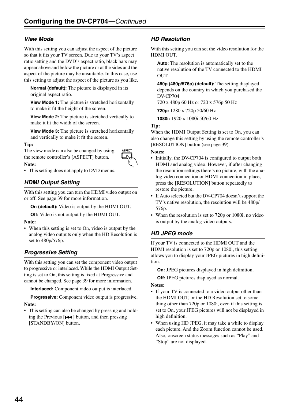 Configuring the dv-cp704 —continued | Onkyo DV CP704 User Manual | Page 44 / 52