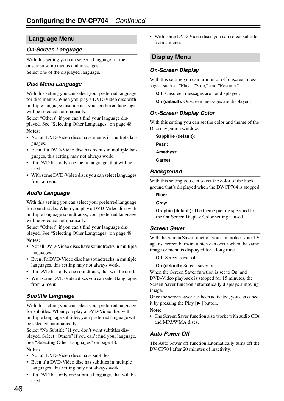Configuring the dv-cp704 —continued, Language menu display menu | Onkyo DV CP704 User Manual | Page 46 / 52