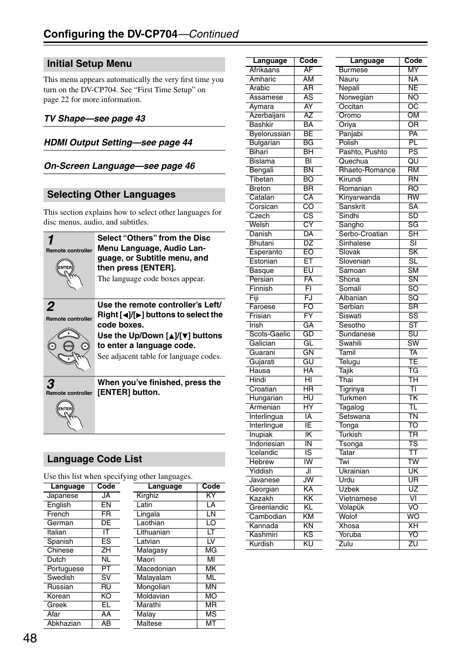 Configuring the dv-cp704 —continued, Initial setup menu selecting other languages, Language code list | Onkyo DV CP704 User Manual | Page 48 / 52