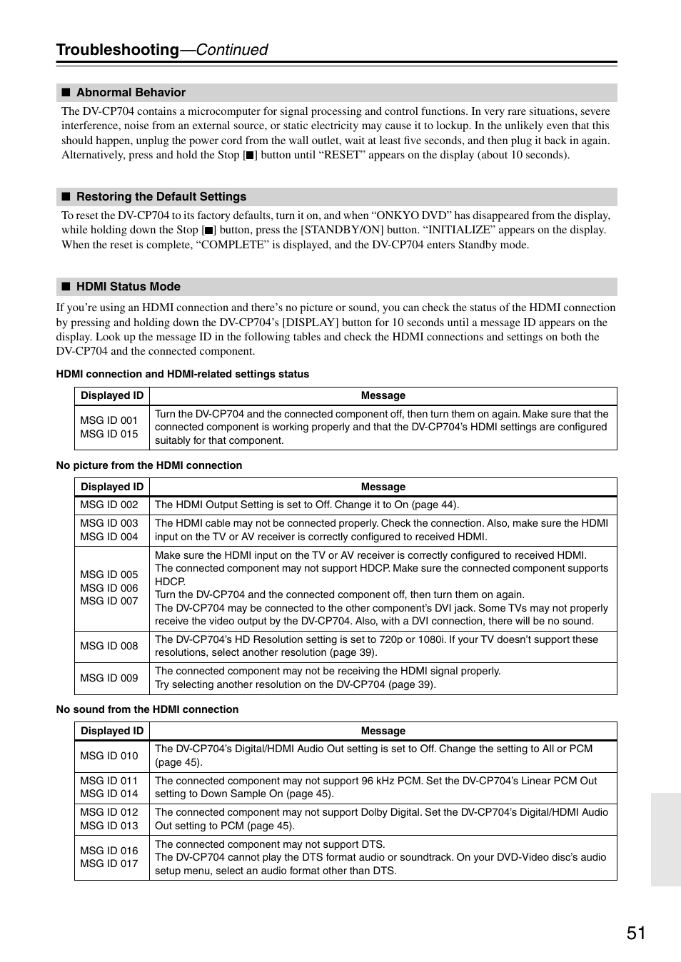 Troubleshooting —continued | Onkyo DV CP704 User Manual | Page 51 / 52