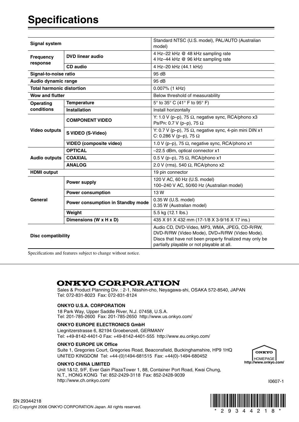 Specifications | Onkyo DV CP704 User Manual | Page 52 / 52