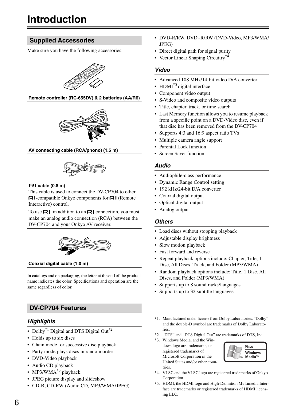 Introduction, Supplied accessories, Dv-cp704 features | Onkyo DV CP704 User Manual | Page 6 / 52